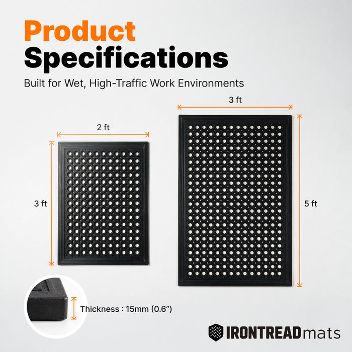 Anti-Fatigue Non-Slip Drainage Floor Mat - Flexible PVC - Black