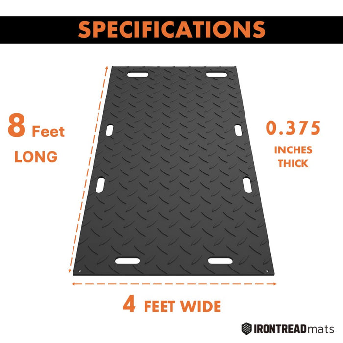 Ground Protection Mat - Heavy Duty - Diamond Tread Pattern - 3/8" Thick - HDPE - Black